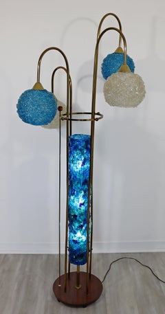 Mid-Century Modern Resin Acrylic Spaghetti 4 Globe Brass Floor Lamp 1970s Blue