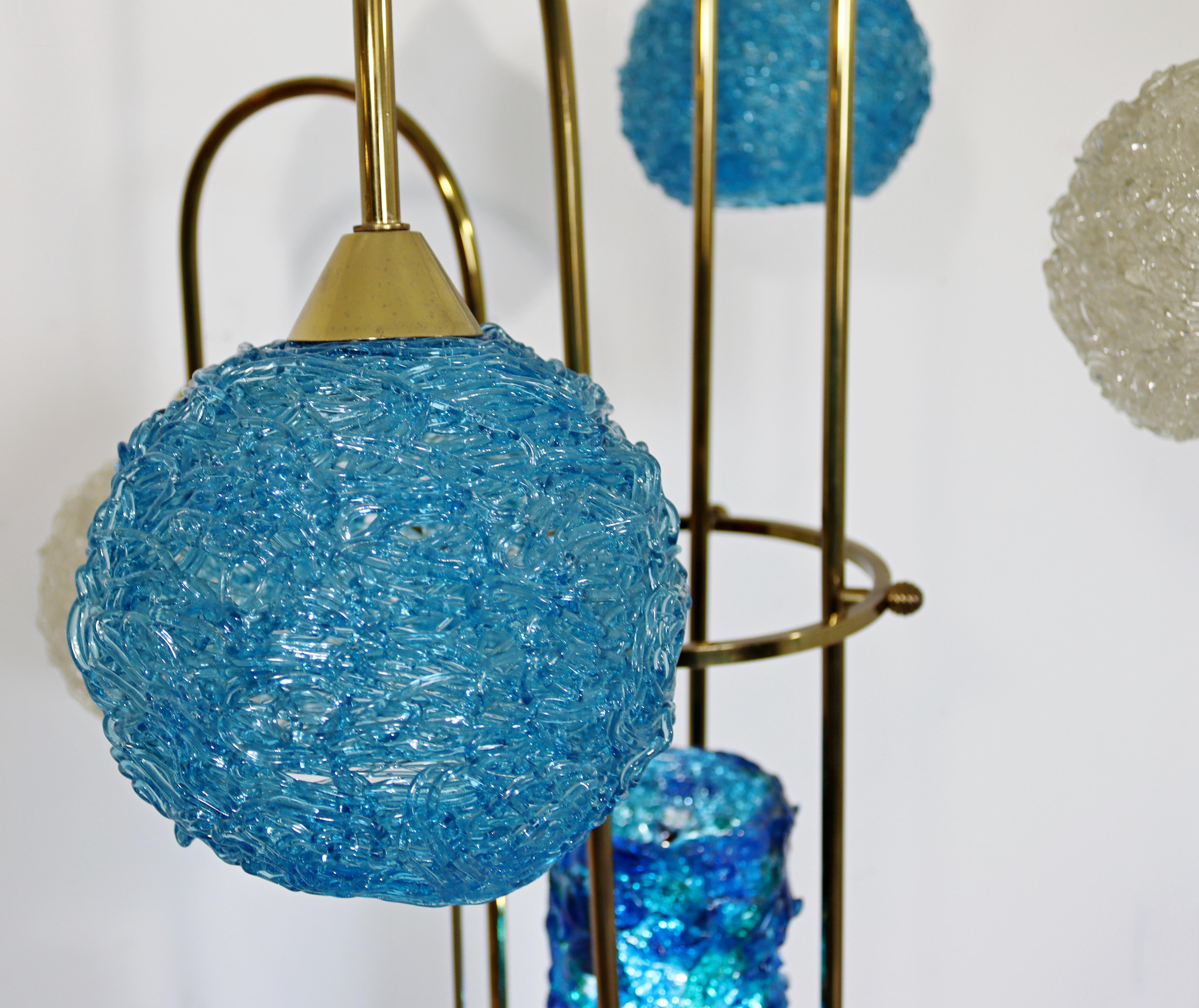 Late 20th Century Mid-Century Modern Resin Acrylic Spaghetti 4 Globe Brass Floor Lamp 1970s Blue