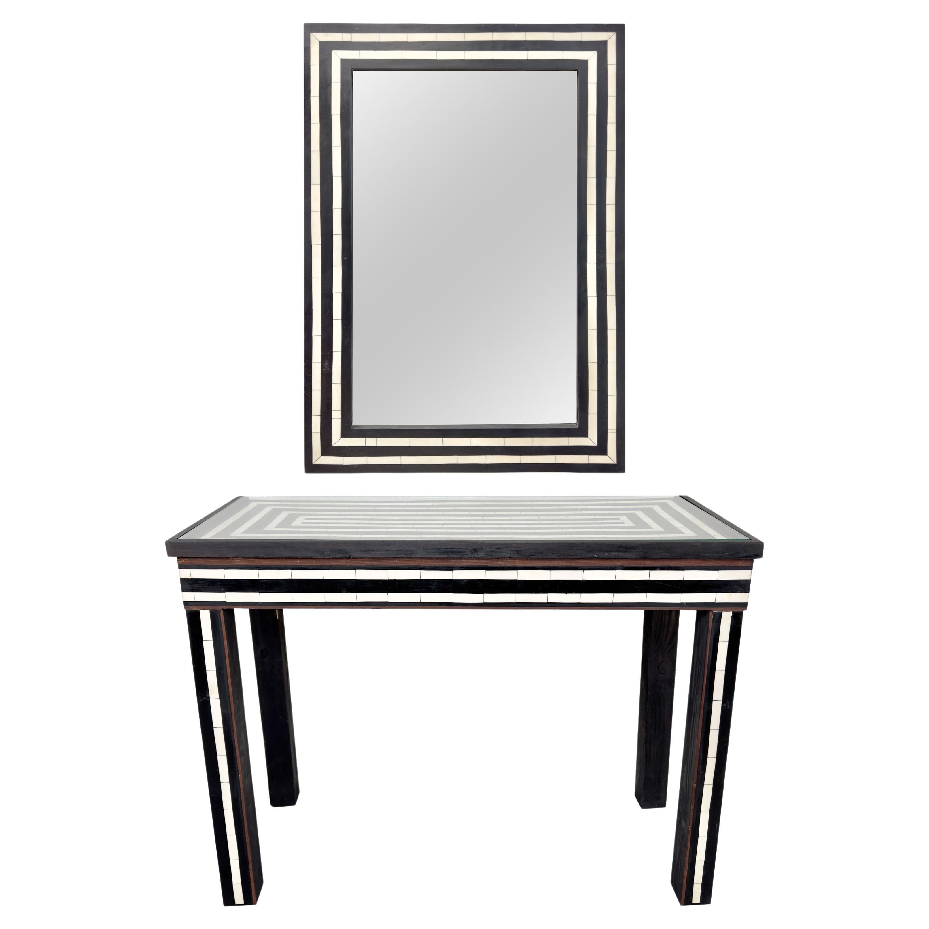 Mid-Century Modern Resin Black & White Console & Mirror a Set 2 pcs For Sale