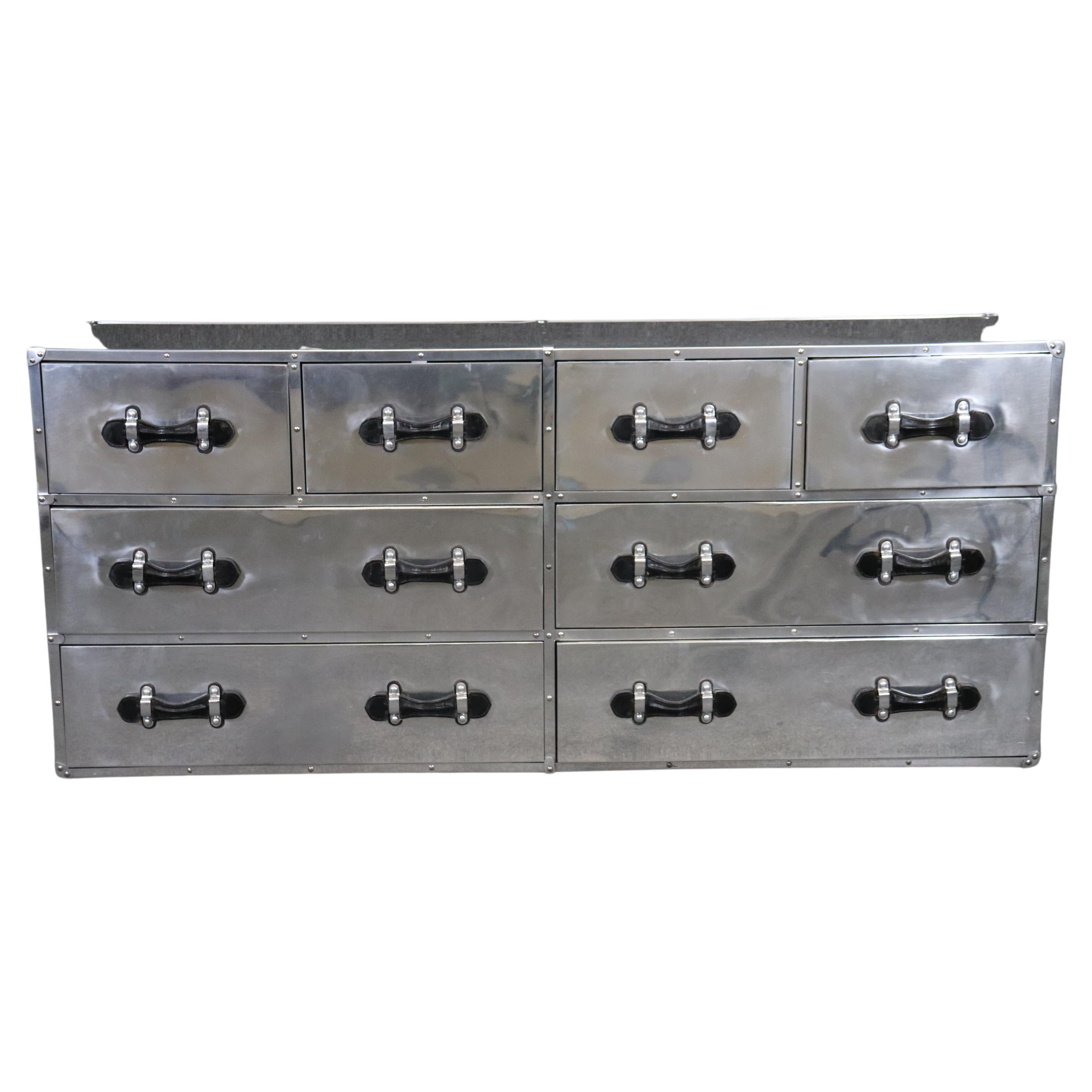 Dimensions- H: 31 1/2in W: 71in D: 20 1/2in
This Mid-Century Modern Restoration Hardware Style 8 Drawer Chrome Campaign Dresser, Chest of Drawers, MCM Furniture, MCM Dresser is truly fabulous and was made with quality in mind! This chest although
