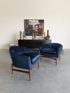 Mid Century Modern Restored Velvet Barrel Chair Pair by Lawrence Peabody