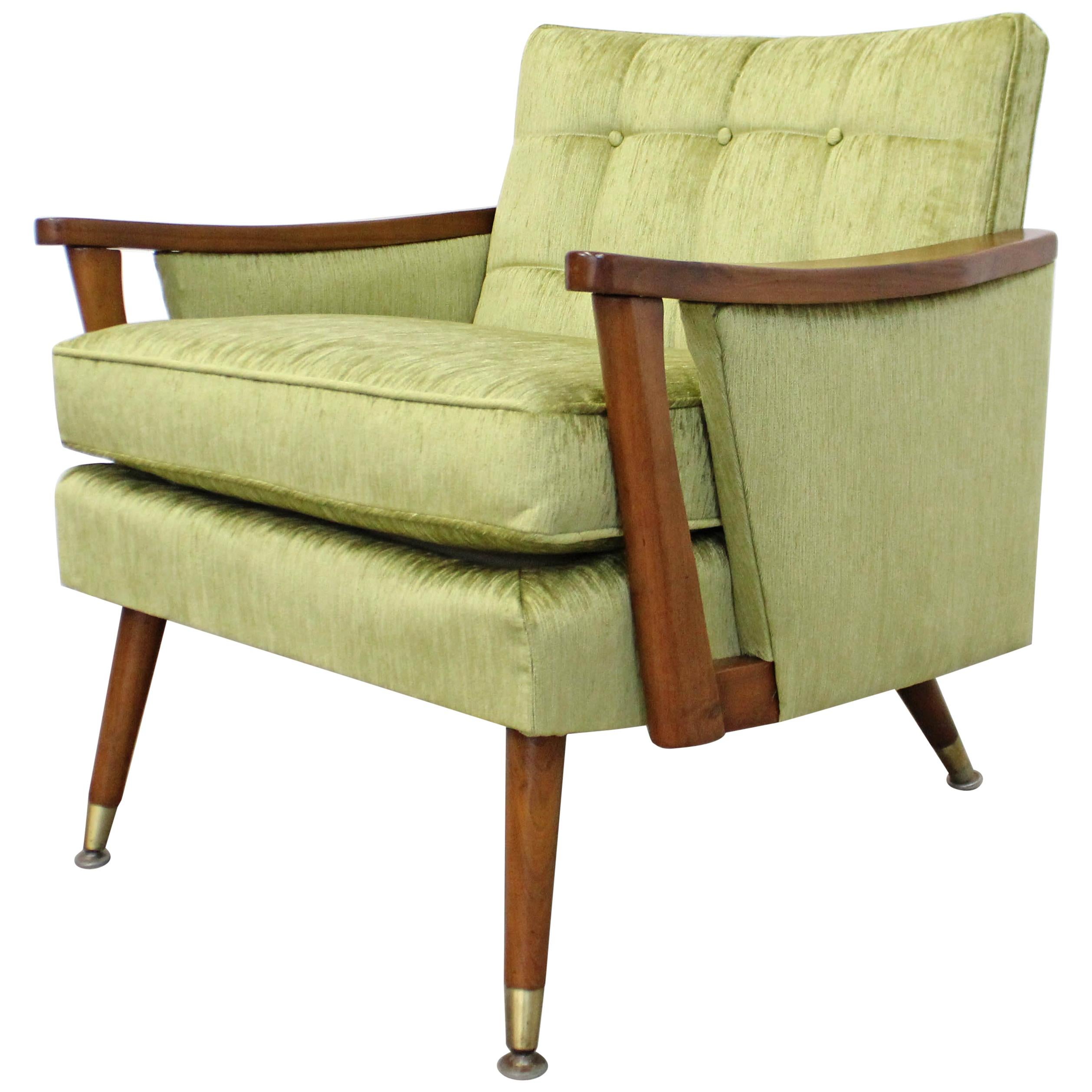 Mid-Century Modern Velvet Walnut Accent Lounge Chair