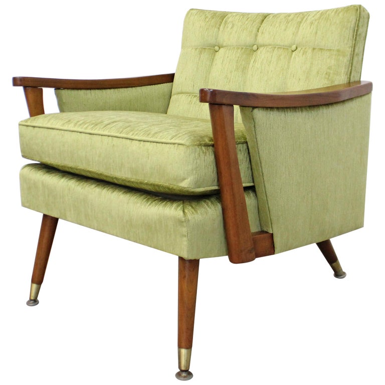 Mid Century Modern Velvet Walnut Accent Lounge Chair For Sale At 1stdibs