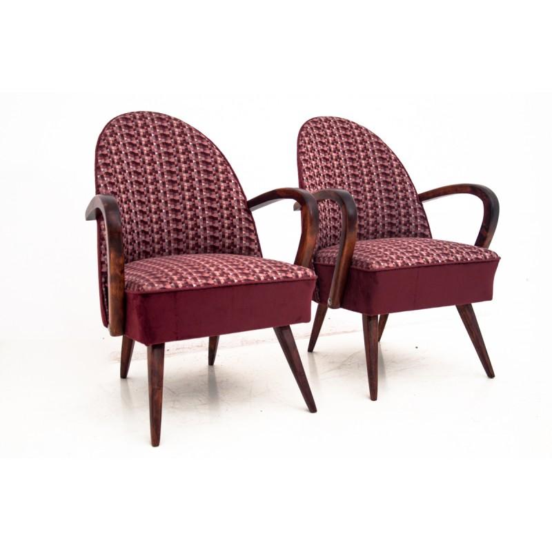 Unique set of club armchairs from the 1960s. Made in Poland from beech wood. The seats are after professional renovation and replacement of the upholstery with a new colorful purple one.