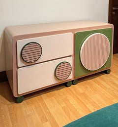 Mid-Century Modern Retro Style Teak Credenza Desk Table Pink Green by RAG Home