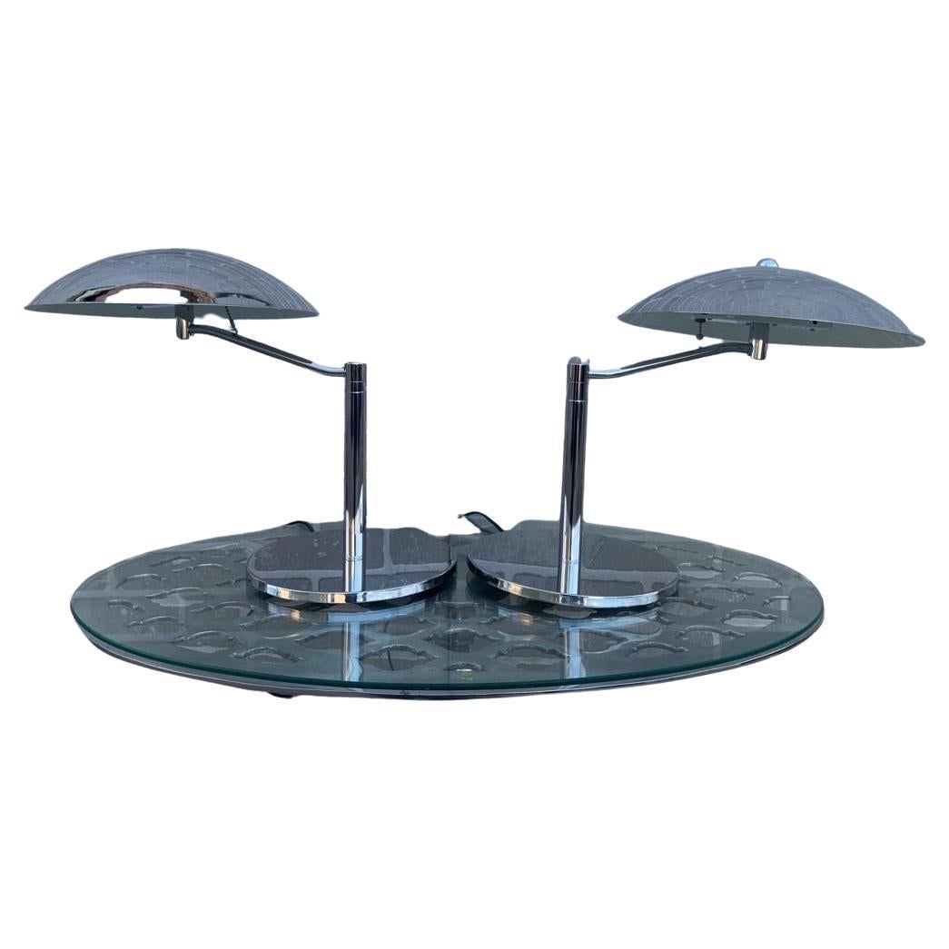 Mid-Century Modern Retro Swiss Chrome Plated Flying Saucer Table Lamps, Pair For Sale