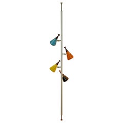 Mid-Century Modern Retro Tension Pole Lamp with 4 Colored Metal & Wood Cones