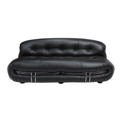 Mid-Century Modern Reupholstered Black Leather Soriana Italian Sofa Vintage