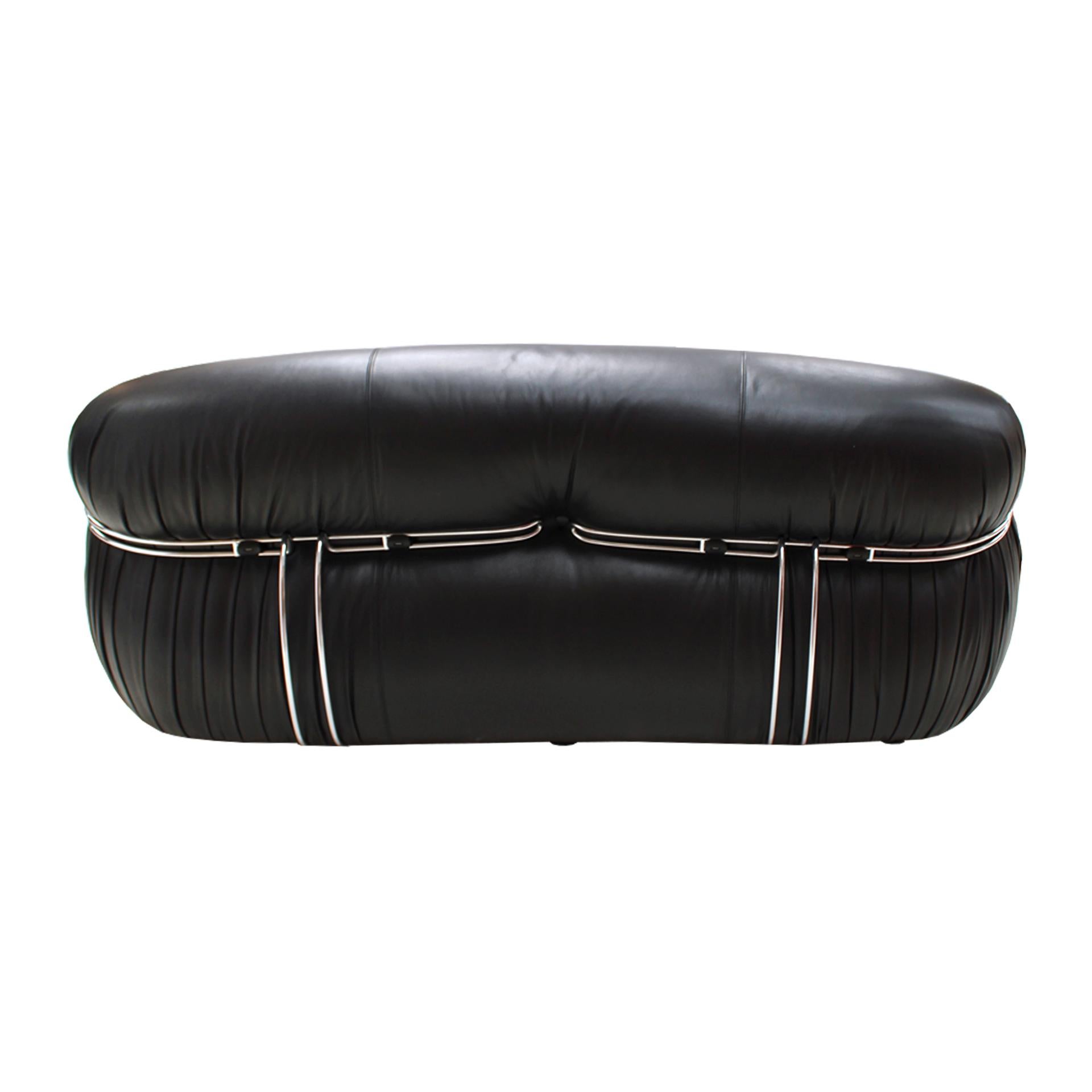 Mid-20th Century Mid-Century Modern Reupholstered Black Leather Soriana Italian Sofa Vintage For Sale