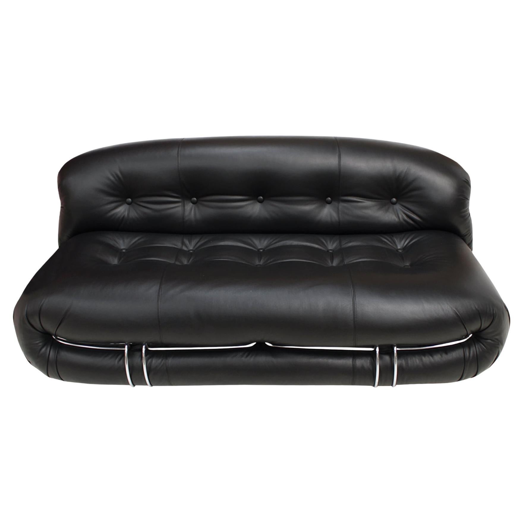 Mid-Century Modern Reupholstered Black Leather Soriana Italian Sofa Vintage For Sale