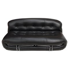 Mid-Century Modern Reupholstered Black Leather Soriana Italian Sofa Retro