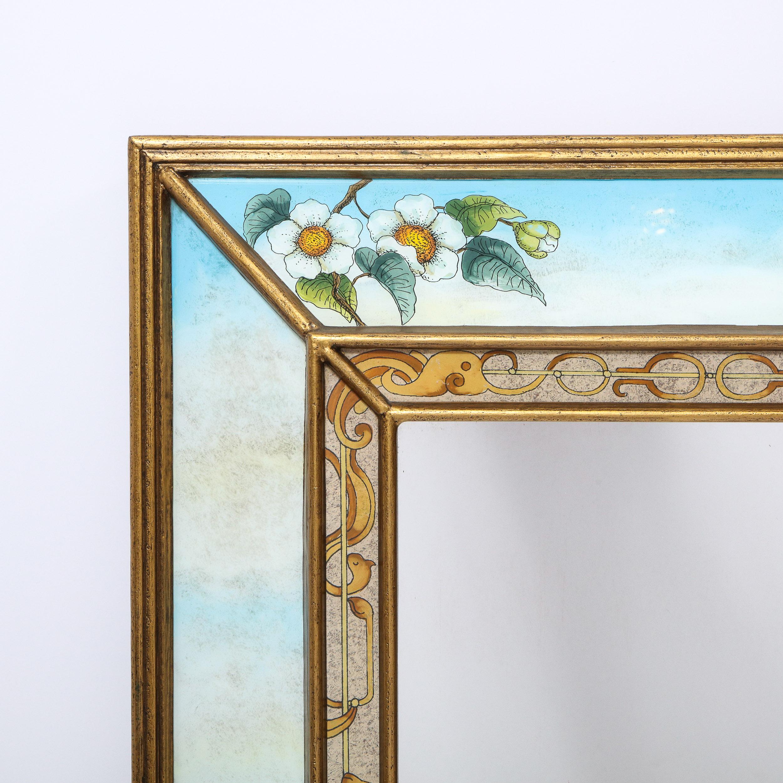 American Mid-Century Modern Reverse Eglomise Painted Mirror with Stylized Flora and Fauna