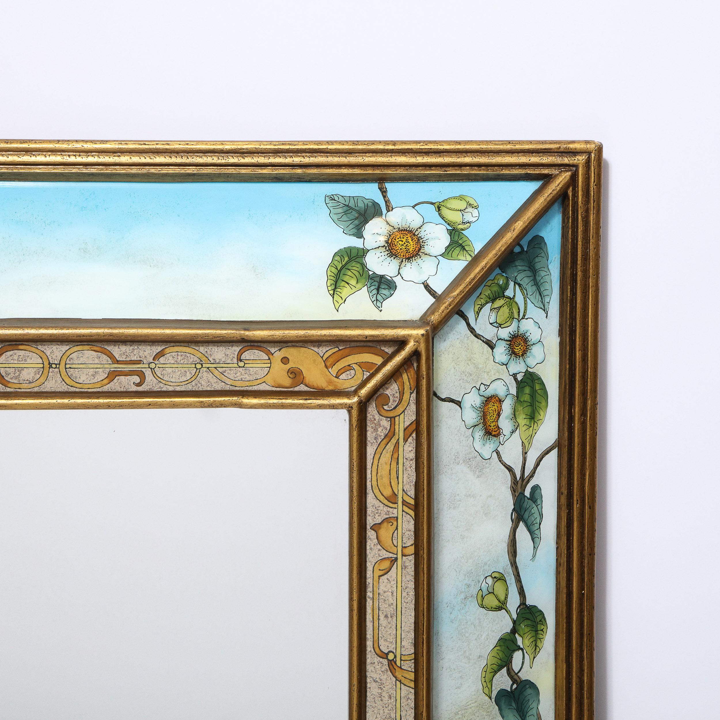 Mid-Century Modern Reverse Eglomise Painted Mirror with Stylized Flora and Fauna In Good Condition In New York, NY