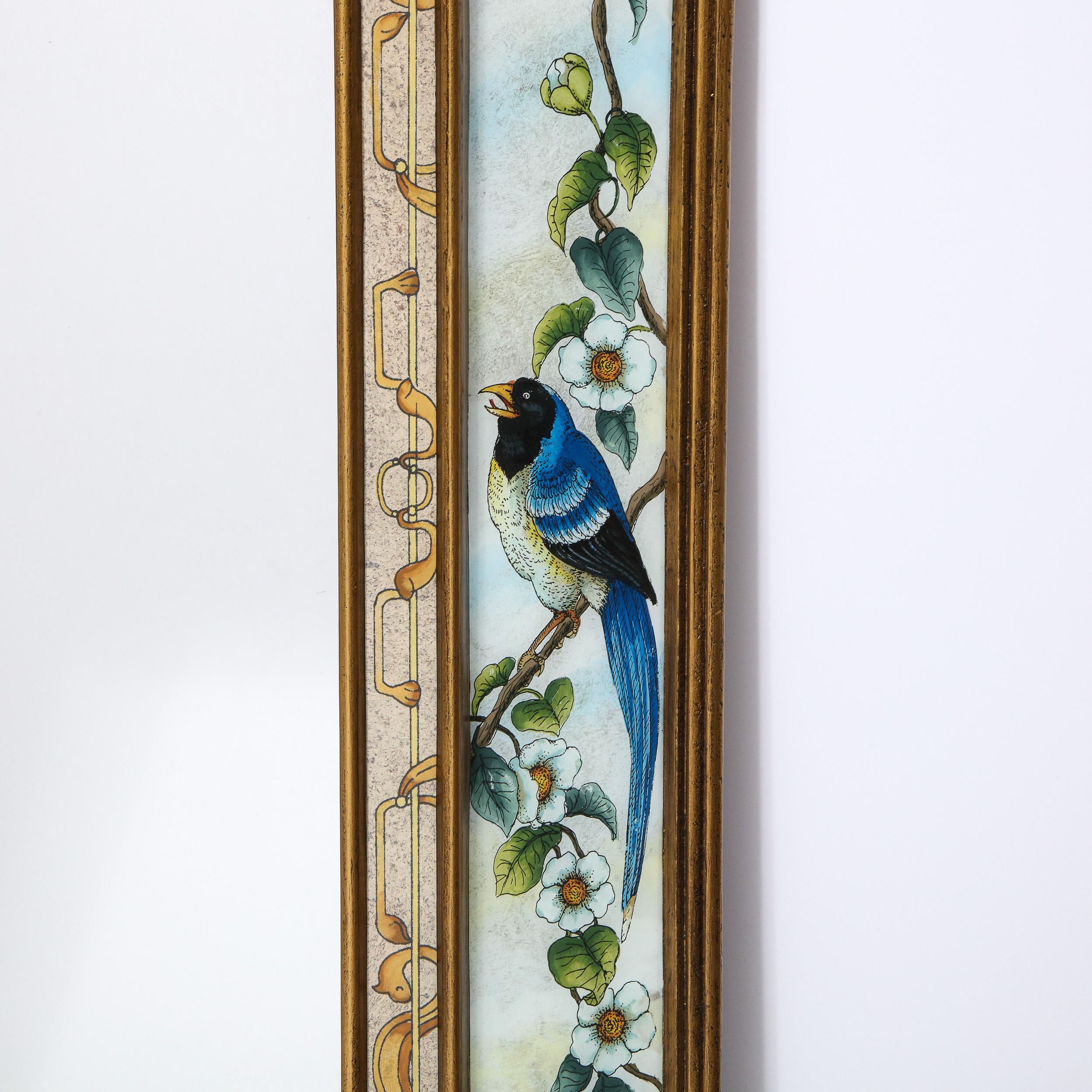 Mid-20th Century Mid-Century Modern Reverse Eglomise Painted Mirror with Stylized Flora and Fauna