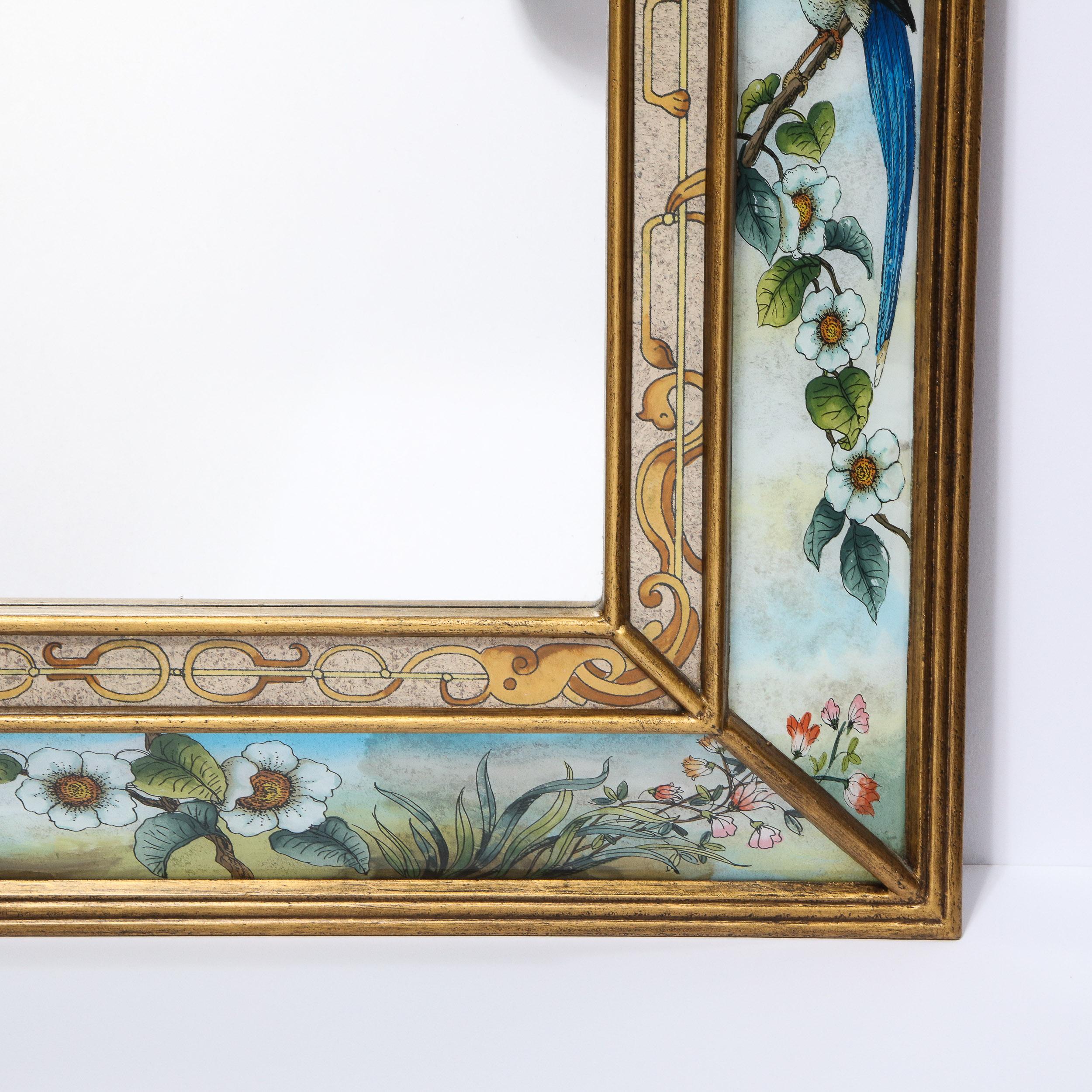 Mid-Century Modern Reverse Eglomise Painted Mirror with Stylized Flora and Fauna 1