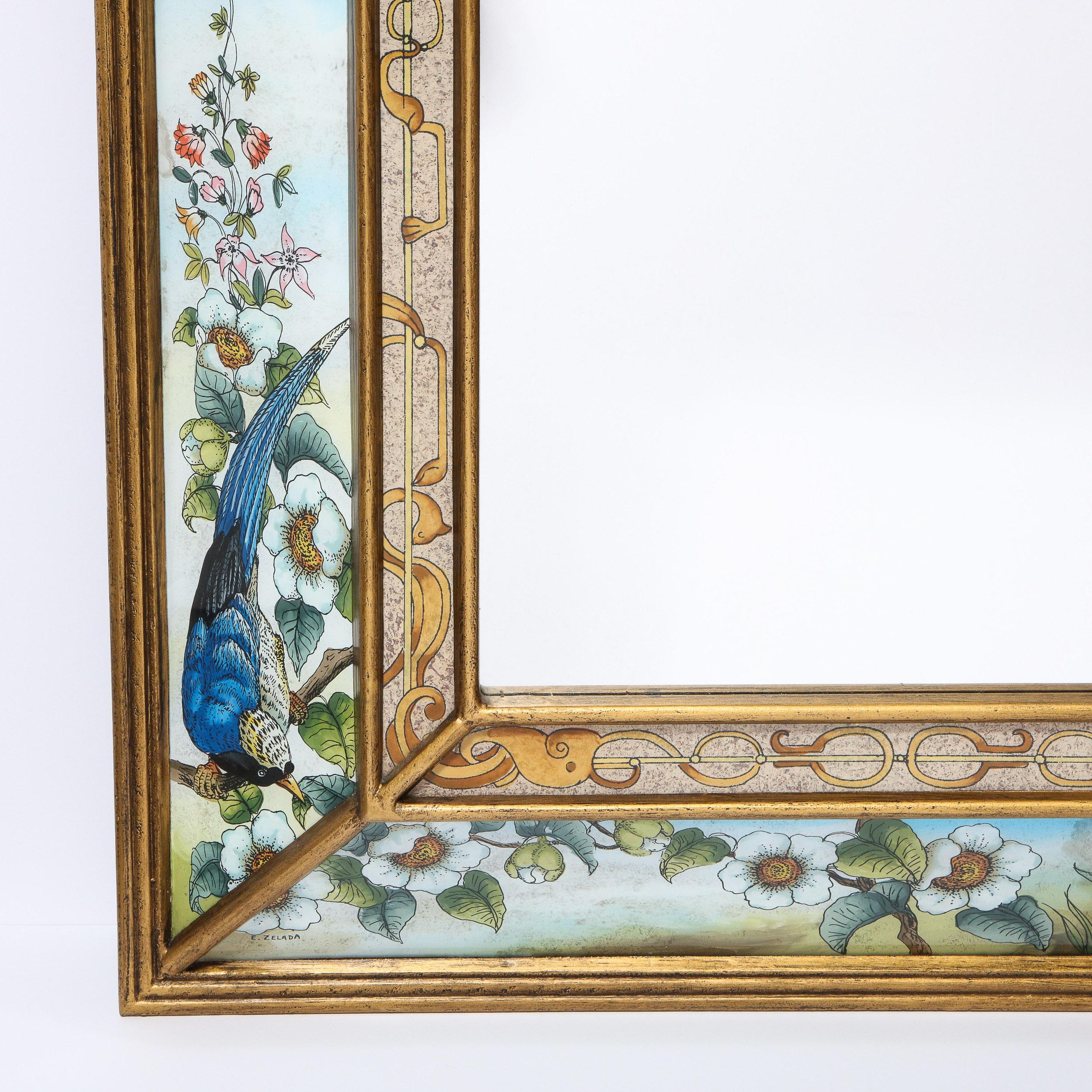 Mid-Century Modern Reverse Eglomise Painted Mirror with Stylized Flora and Fauna 2