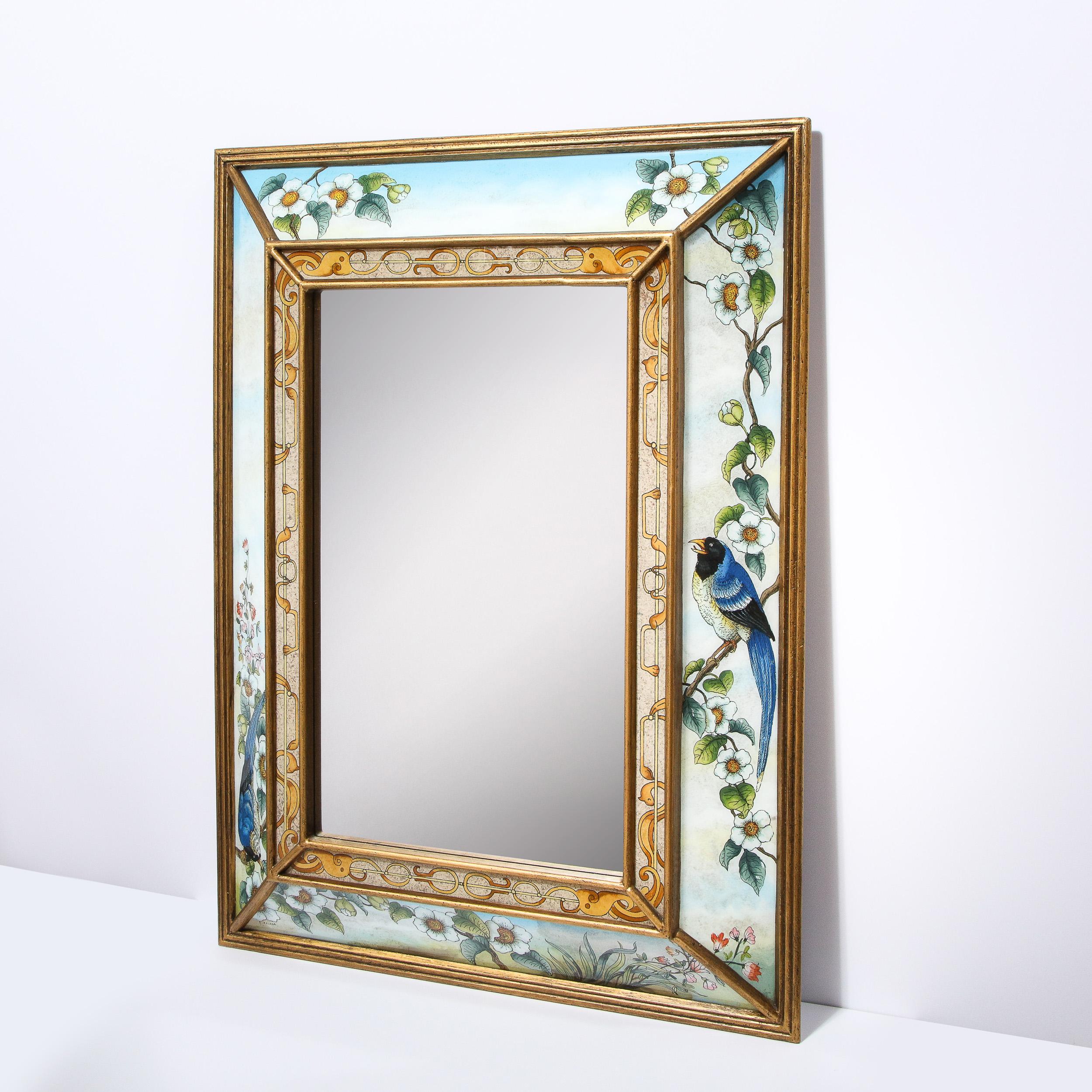 Mid-Century Modern Reverse Eglomise Painted Mirror with Stylized Flora and Fauna 3