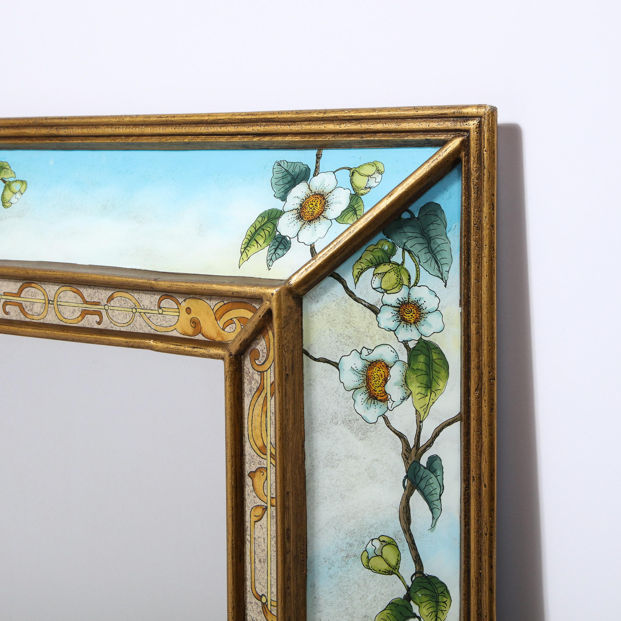 Mid-Century Modern Reverse Eglomise Painted Mirror with Stylized Flora and Fauna 4