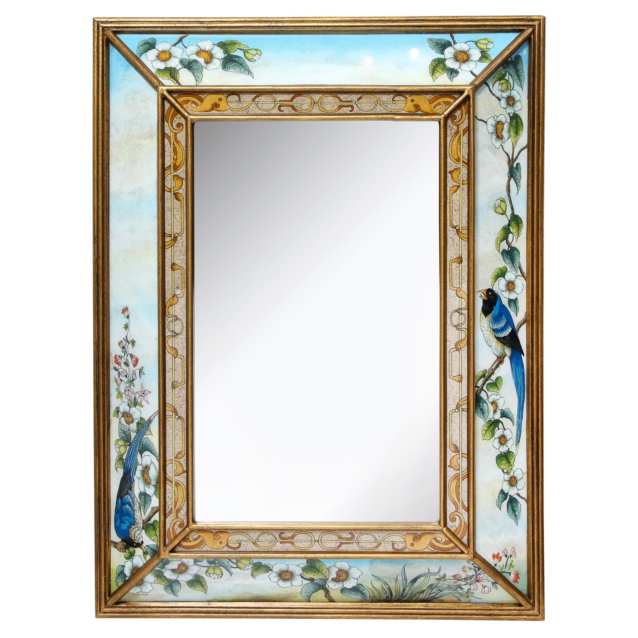 Mid-Century Modern Reverse Eglomise Painted Mirror with Stylized Flora and Fauna