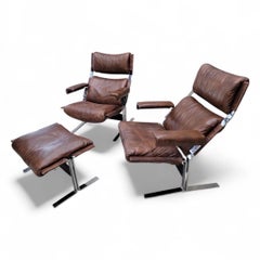 Mid Century Modern Richard Hersberger Braunes Leder und Chrom Lounge Stühle