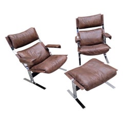 Mid Century Modern Richard Hersberger Brown Leather and Chromium Lounge Chairs