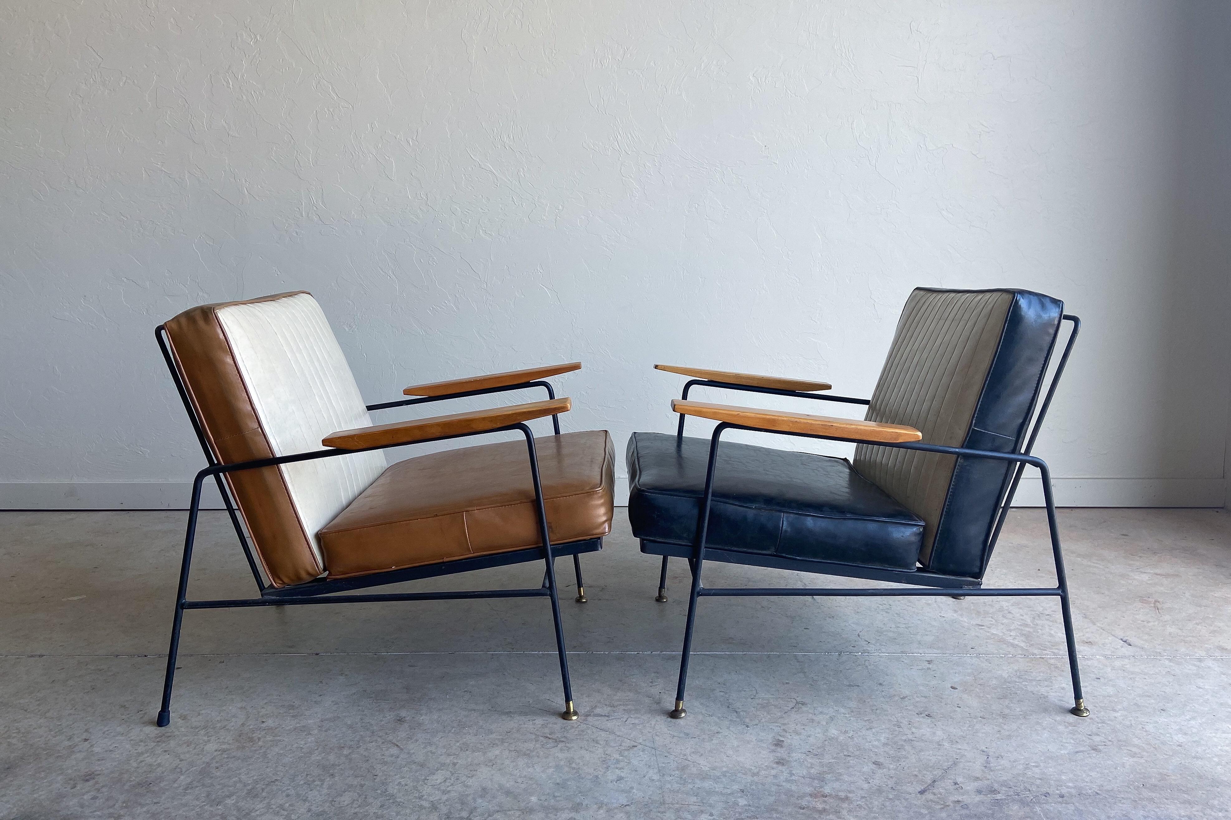 A fantastic pair of Richard McCarthy iron and wood lounge chairs. These are perfect examples of early American modern design- clean lines, quality construction, and functional. 

These have a great proportions and are quite comfortable. Each chair