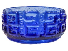 Mid-Century Modern Riihimaki Bowl in Kingfisher Blue with Raised Greek Key