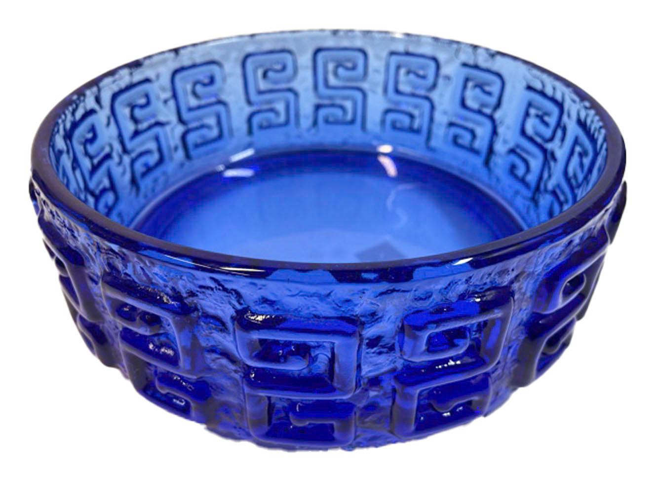 Scandinavian Modern Mid-Century Modern Riihimaki Bowl in Kingfisher Blue with Raised Greek Key