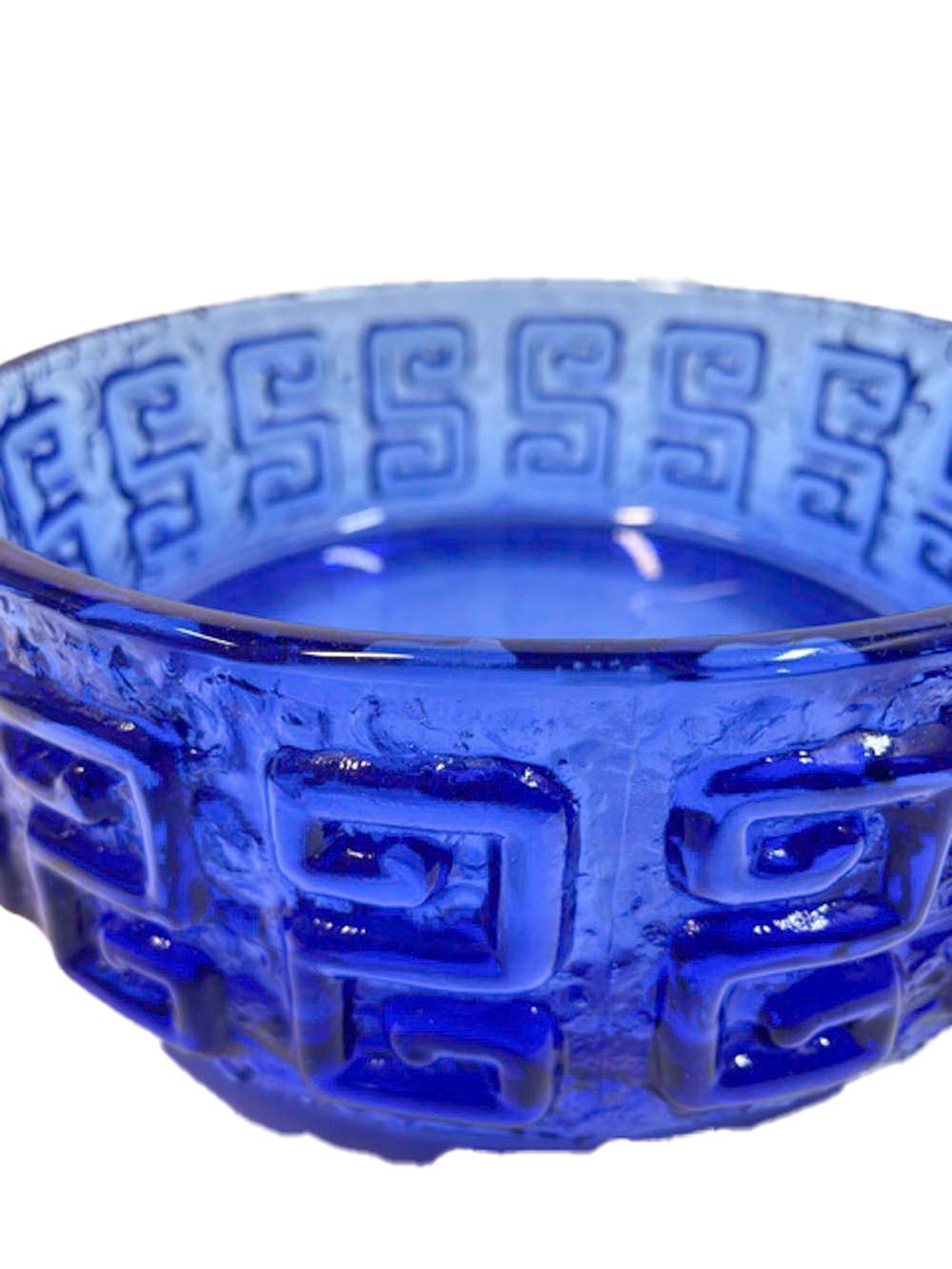 Swedish Mid-Century Modern Riihimaki Bowl in Kingfisher Blue with Raised Greek Key