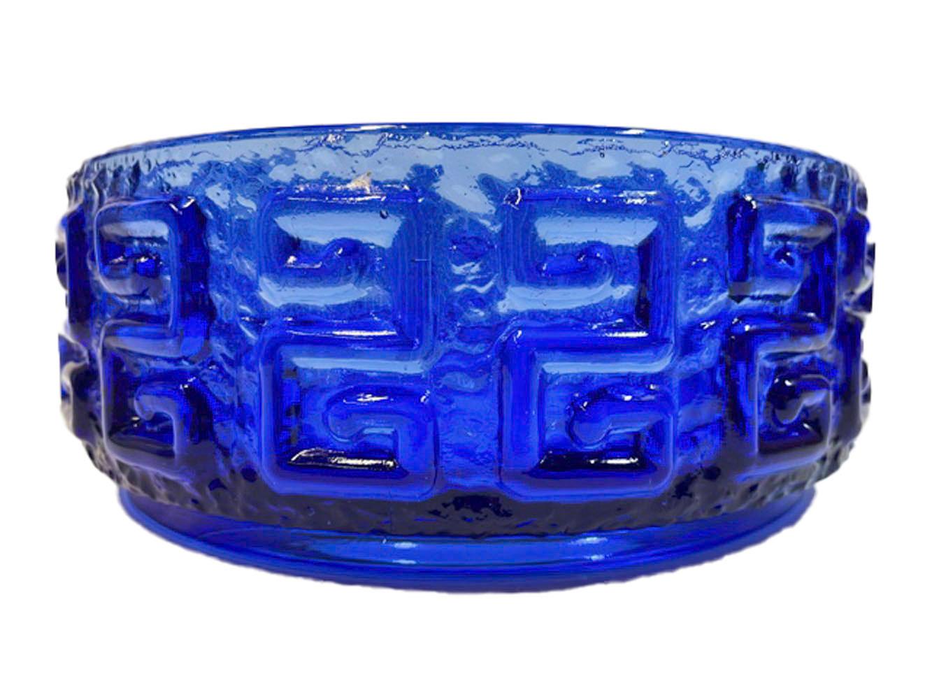 Mid-Century Modern Riihimaki Bowl in Kingfisher Blue with Raised Greek Key In Good Condition In Nantucket, MA