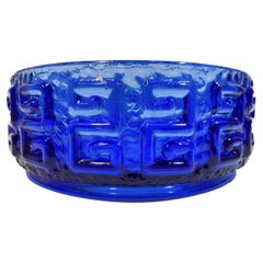 Mid-Century Modern Riihimaki Bowl in Kingfisher Blue with Raised Greek Key