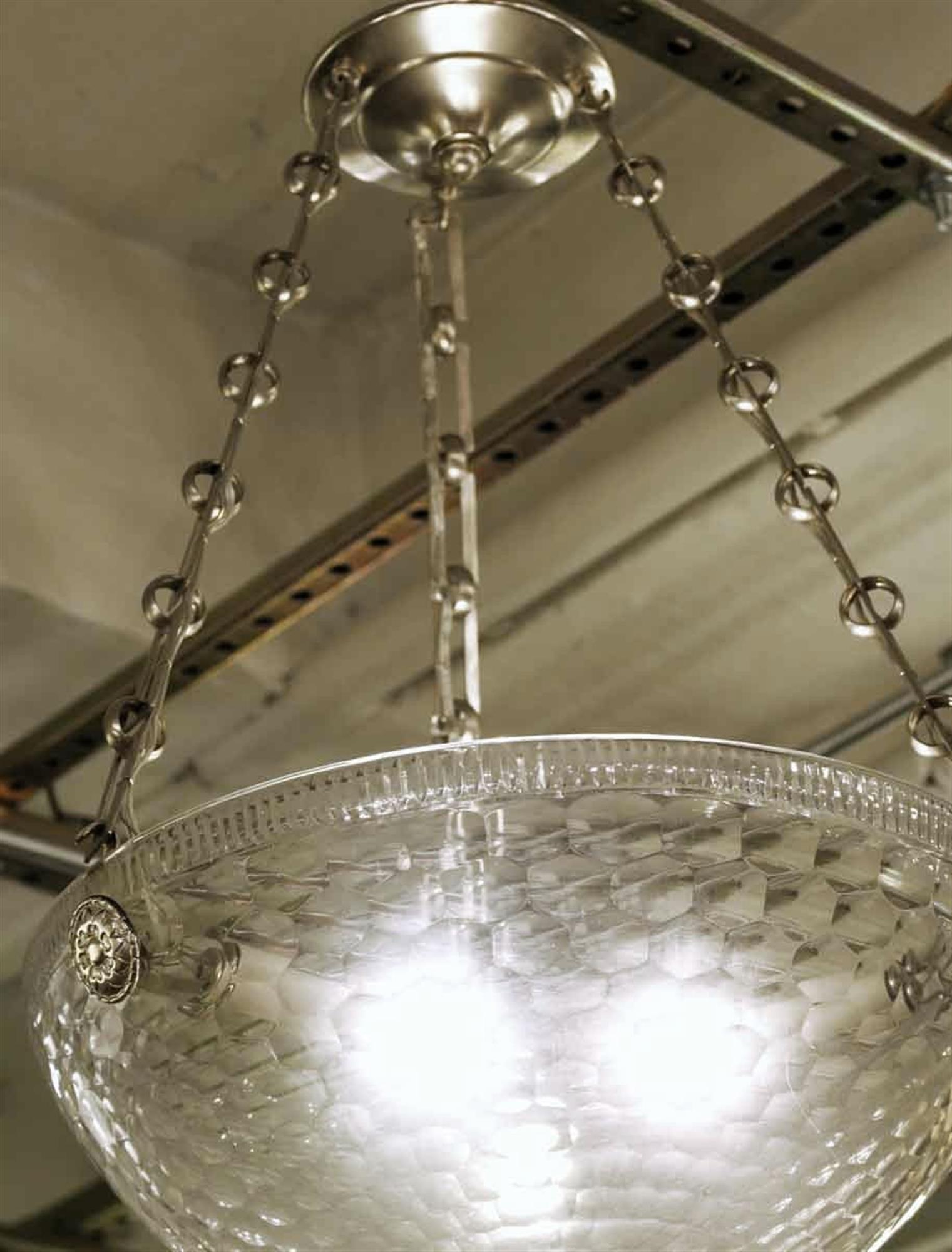 Brushed Mid-Century Modern Rippled Clear Glass Bowl Pendant Light with Unique Chain