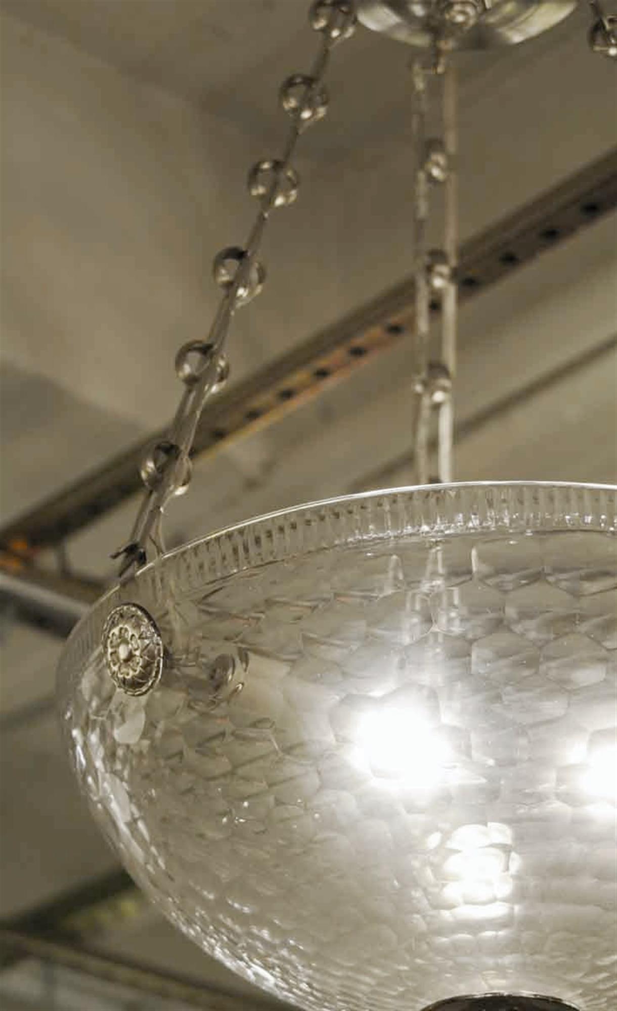 Contemporary Mid-Century Modern Rippled Clear Glass Bowl Pendant Light with Unique Chain
