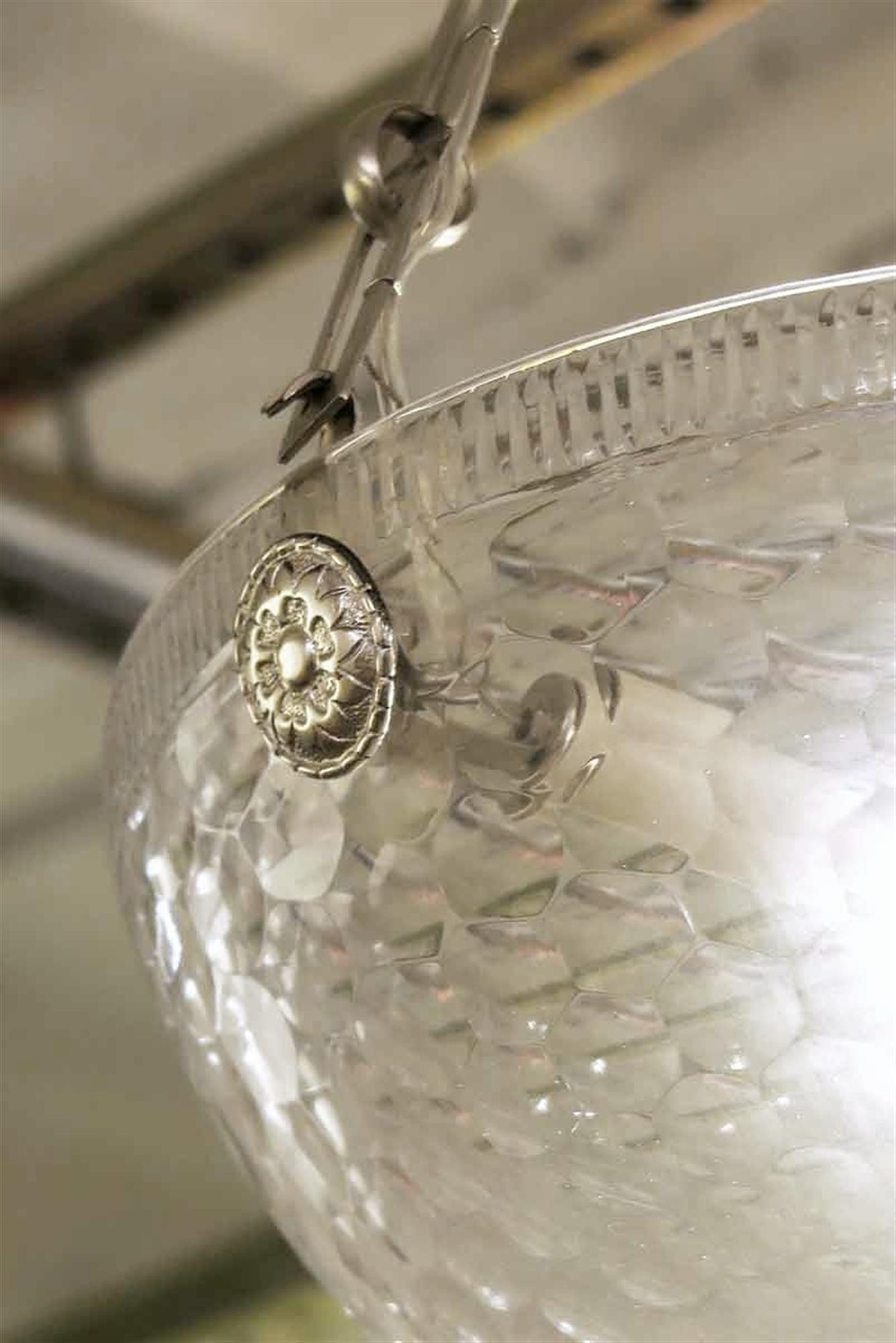 Nickel Mid-Century Modern Rippled Clear Glass Bowl Pendant Light with Unique Chain
