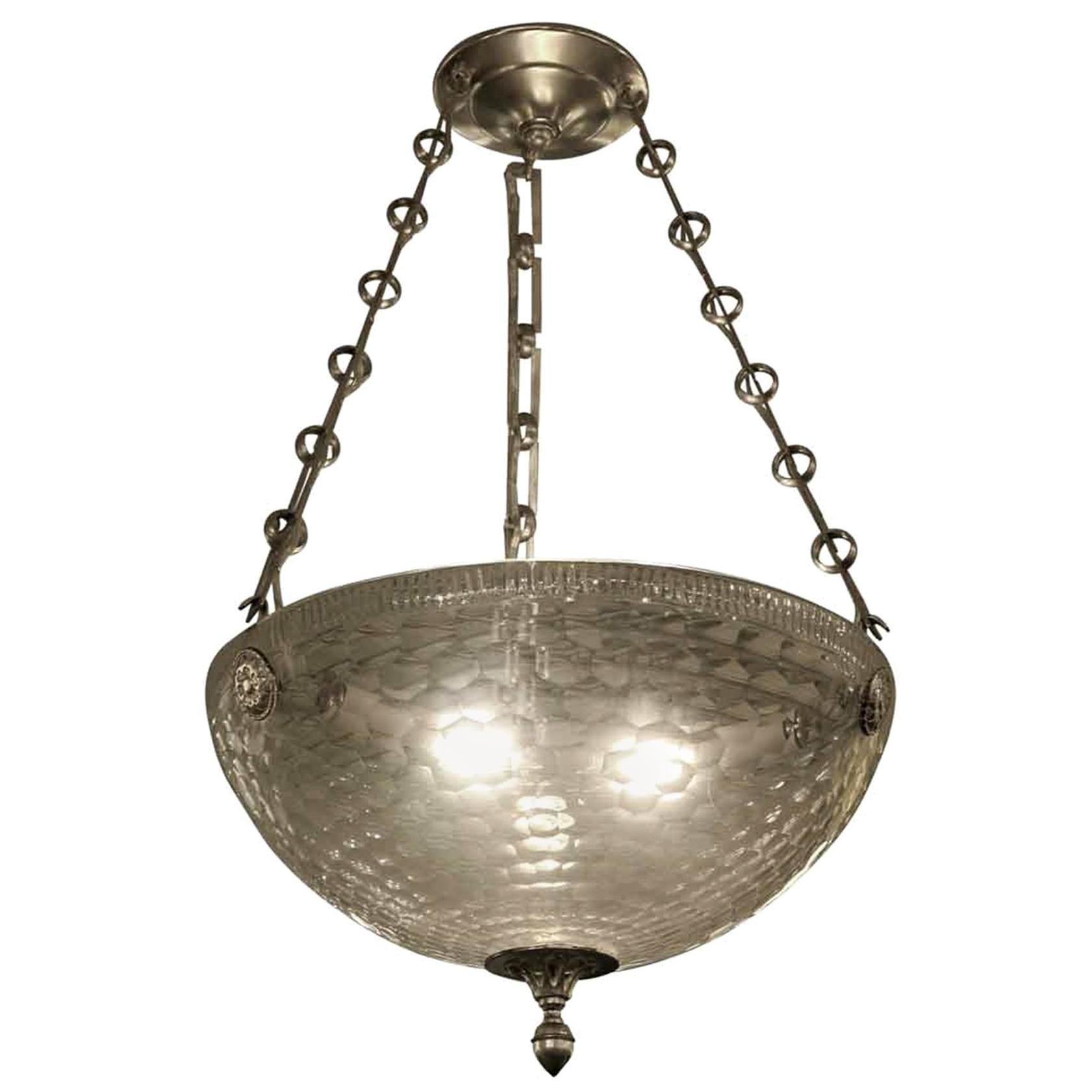 Mid-Century Modern Rippled Clear Glass Bowl Pendant Light with Unique Chain