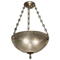 Mid-Century Modern Rippled Clear Glass Bowl Pendant Light with Unique Chain