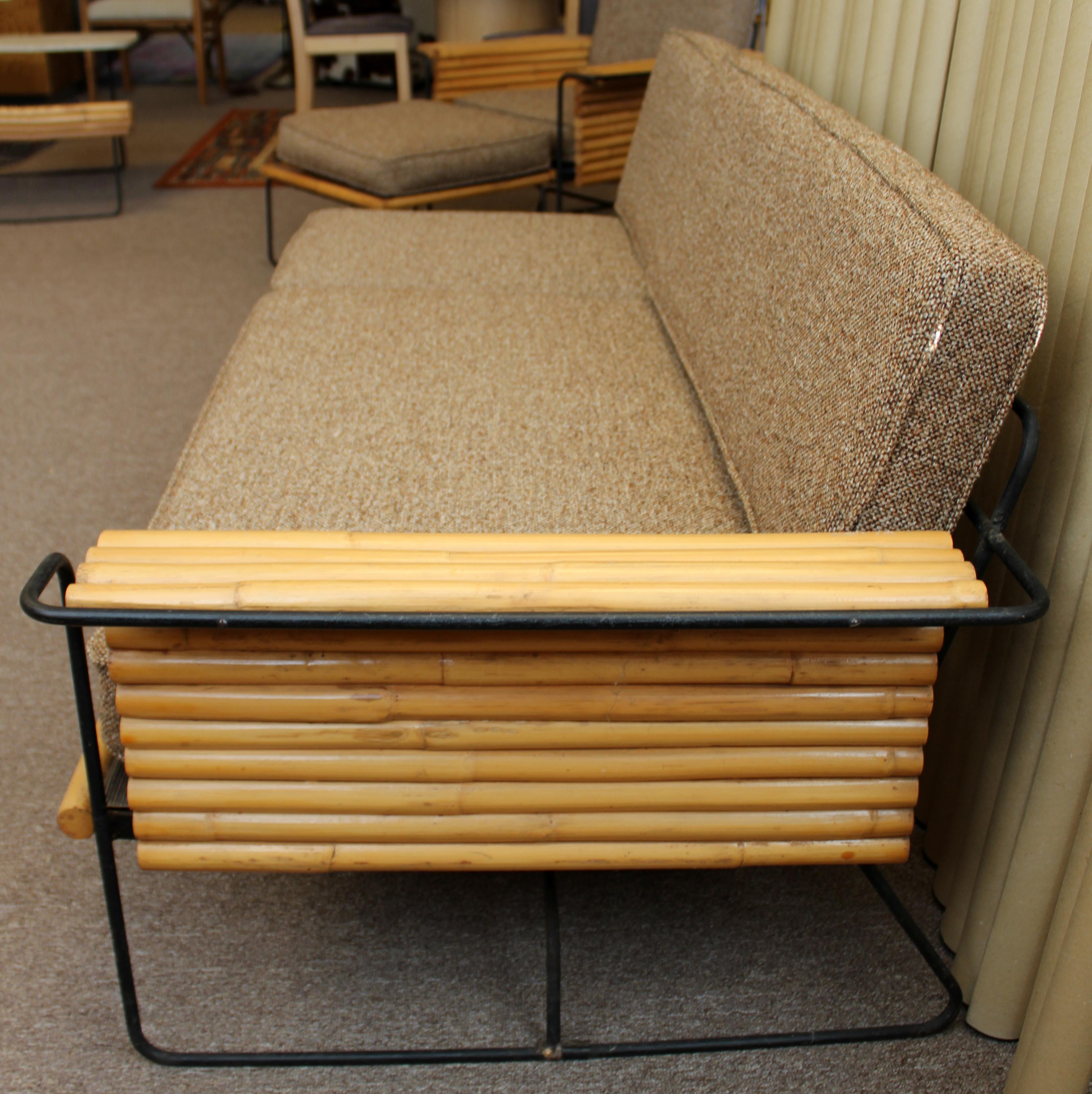 American Mid-Century Modern Ritts Bamboo Wrought Iron Sofa Settee & Slipper Chair, 1950s