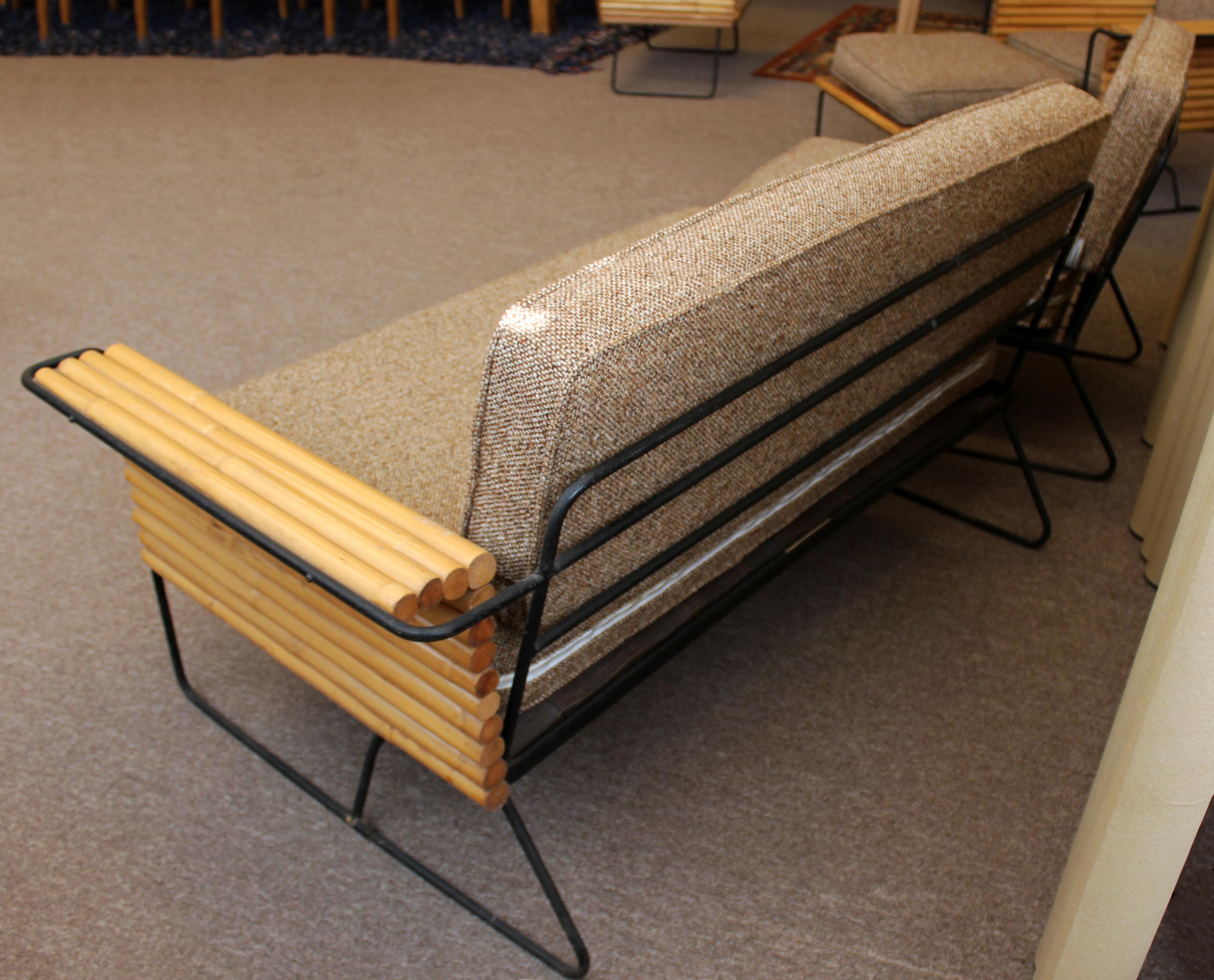 Mid-Century Modern Ritts Bamboo Wrought Iron Sofa Settee & Slipper Chair, 1950s In Good Condition In Keego Harbor, MI