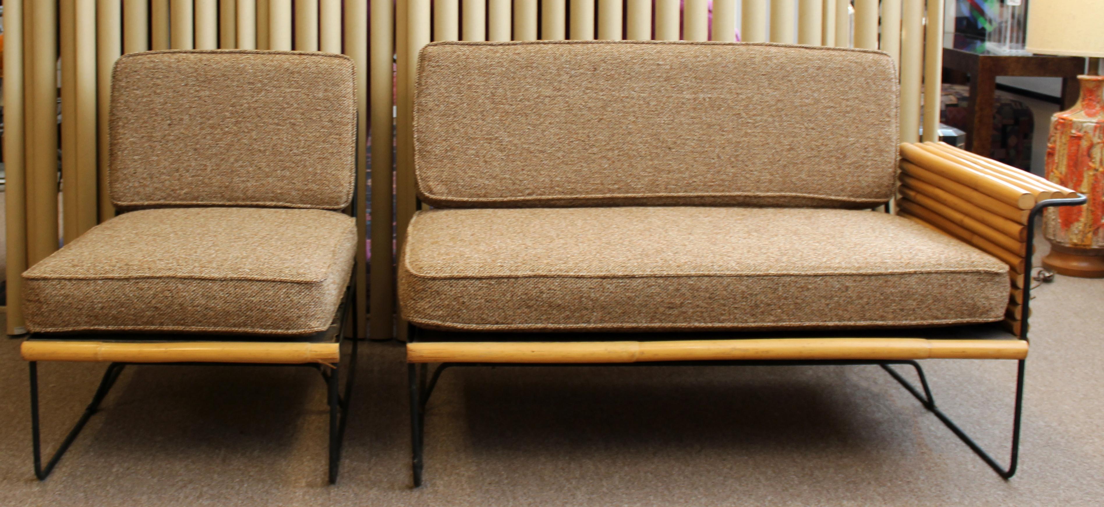Mid-20th Century Mid-Century Modern Ritts Bamboo Wrought Iron Sofa Settee & Slipper Chair, 1950s