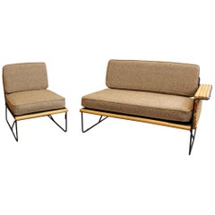 Mid-Century Modern Ritts Bamboo Wrought Iron Sofa Settee & Slipper Chair, 1950s