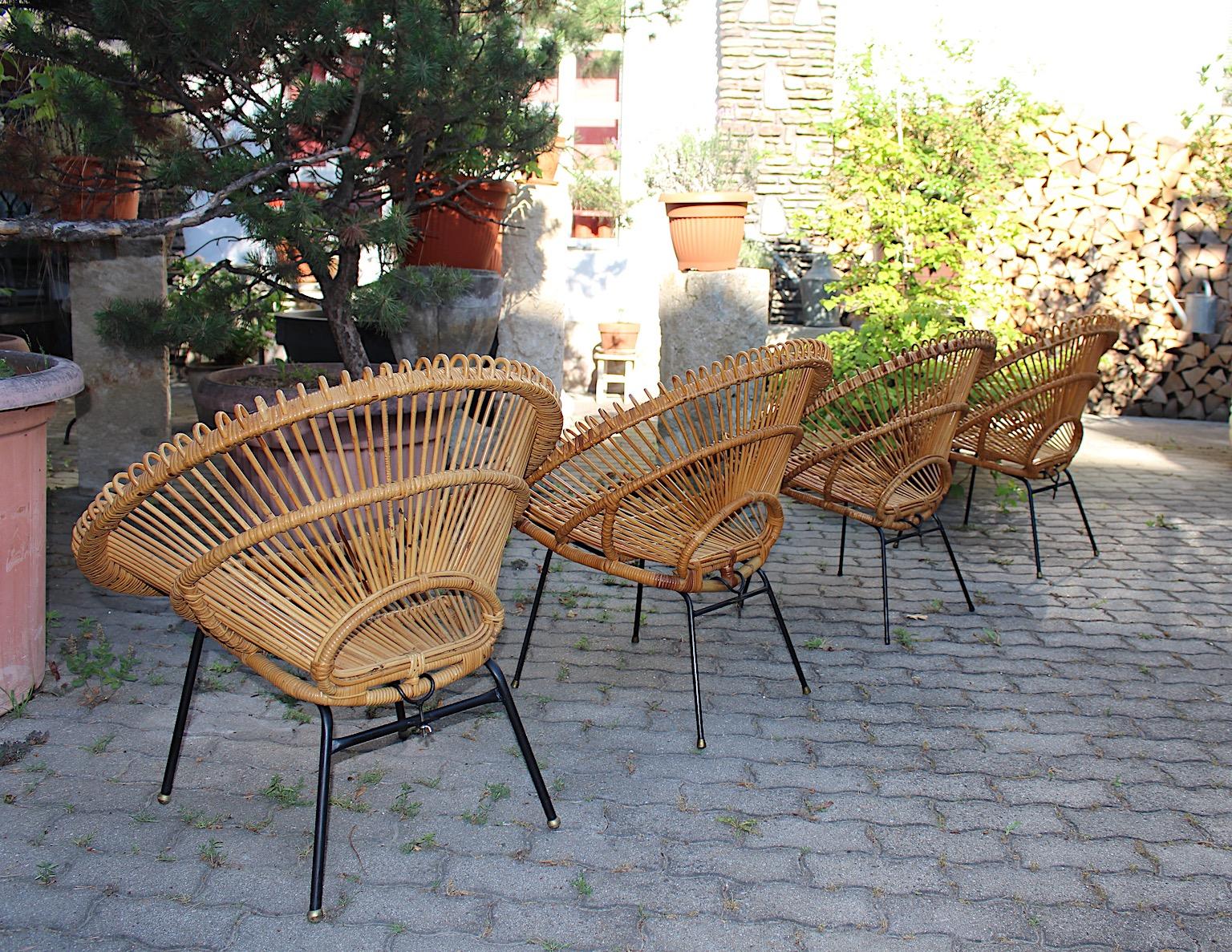 Mid-Century Modern Riviera Style Four Rattan Patio Lounge Chairs c 1960 France For Sale 4