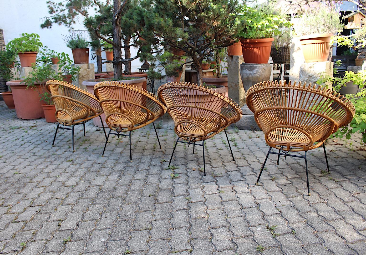 Mid-Century Modern Riviera Style Four Rattan Patio Lounge Chairs c 1960 France For Sale 5