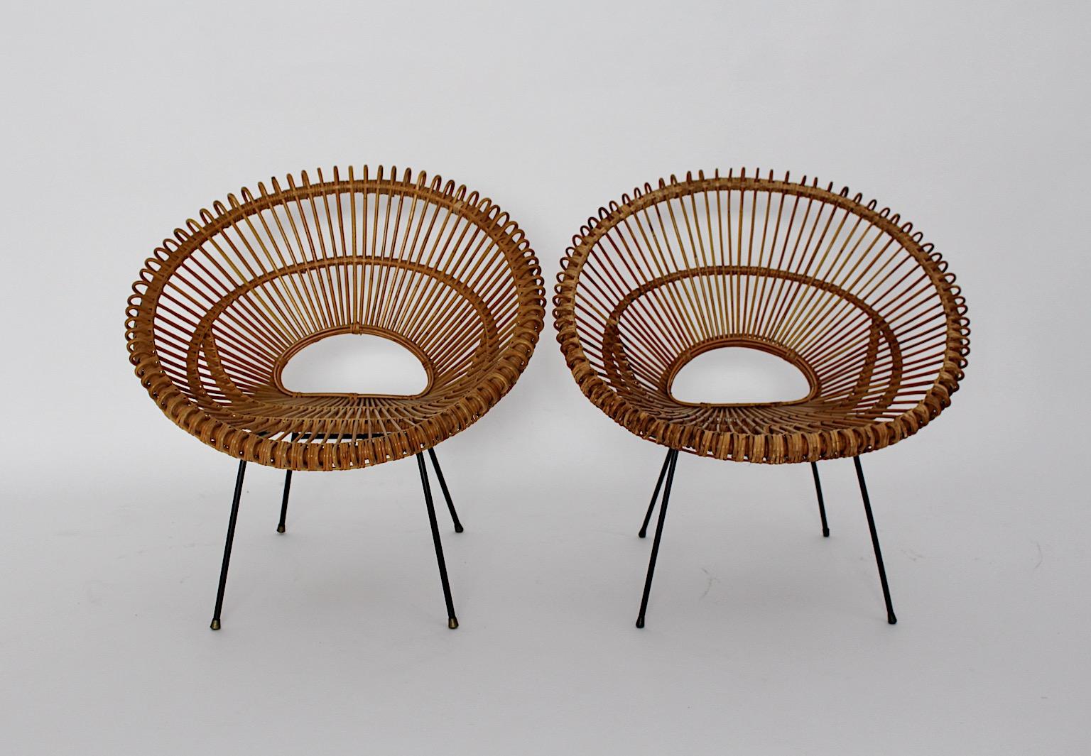 Mid-Century Modern Riviera Style Four Rattan Patio Lounge Chairs c 1960 France For Sale 6