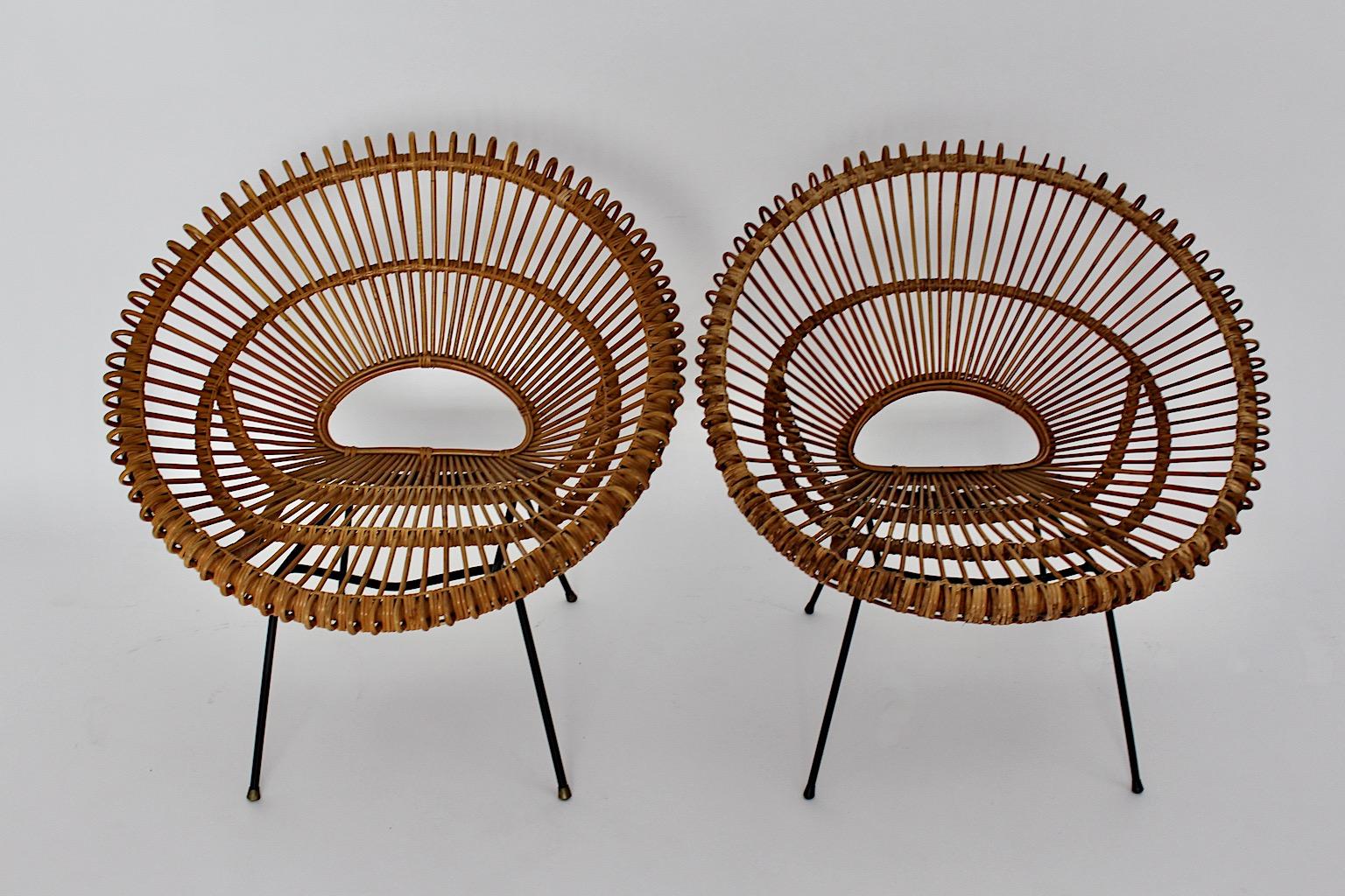 Mid-Century Modern Riviera Style Four Rattan Patio Lounge Chairs c 1960 France For Sale 7
