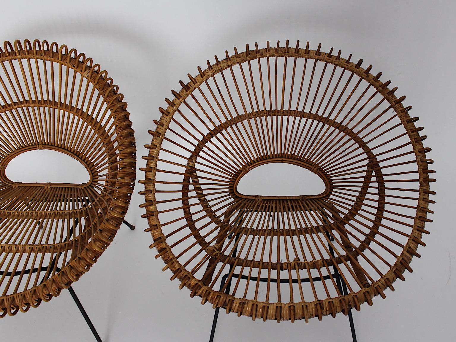 Mid-Century Modern Riviera Style Four Rattan Patio Lounge Chairs c 1960 France For Sale 8