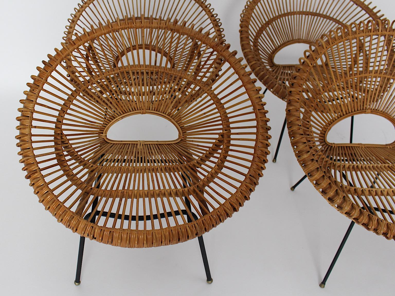 Mid-Century Modern Riviera Style Four Rattan Patio Lounge Chairs c 1960 France For Sale 9
