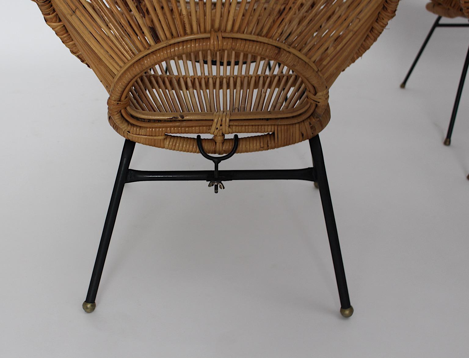 Mid-Century Modern Riviera Style Four Rattan Patio Lounge Chairs c 1960 France For Sale 10