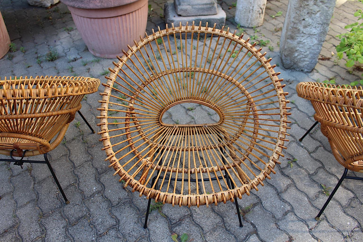 Mid-Century Modern Riviera Style Four Rattan Patio Lounge Chairs c 1960 France For Sale 11