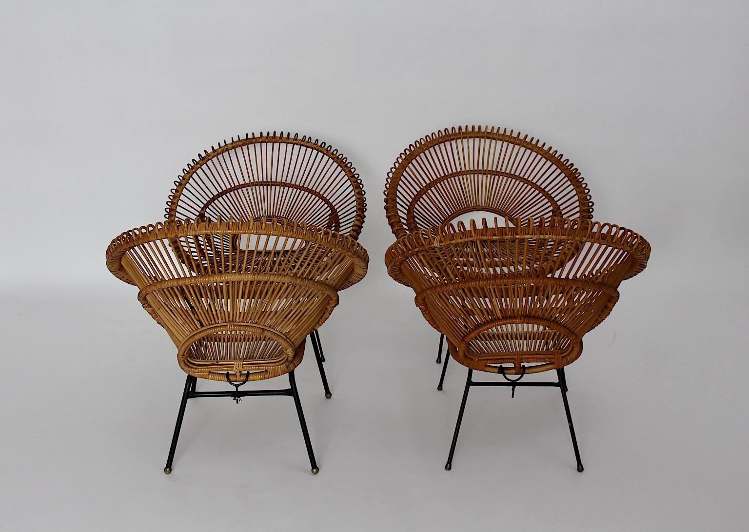 French Mid-Century Modern Riviera Style Four Rattan Patio Lounge Chairs c 1960 France For Sale