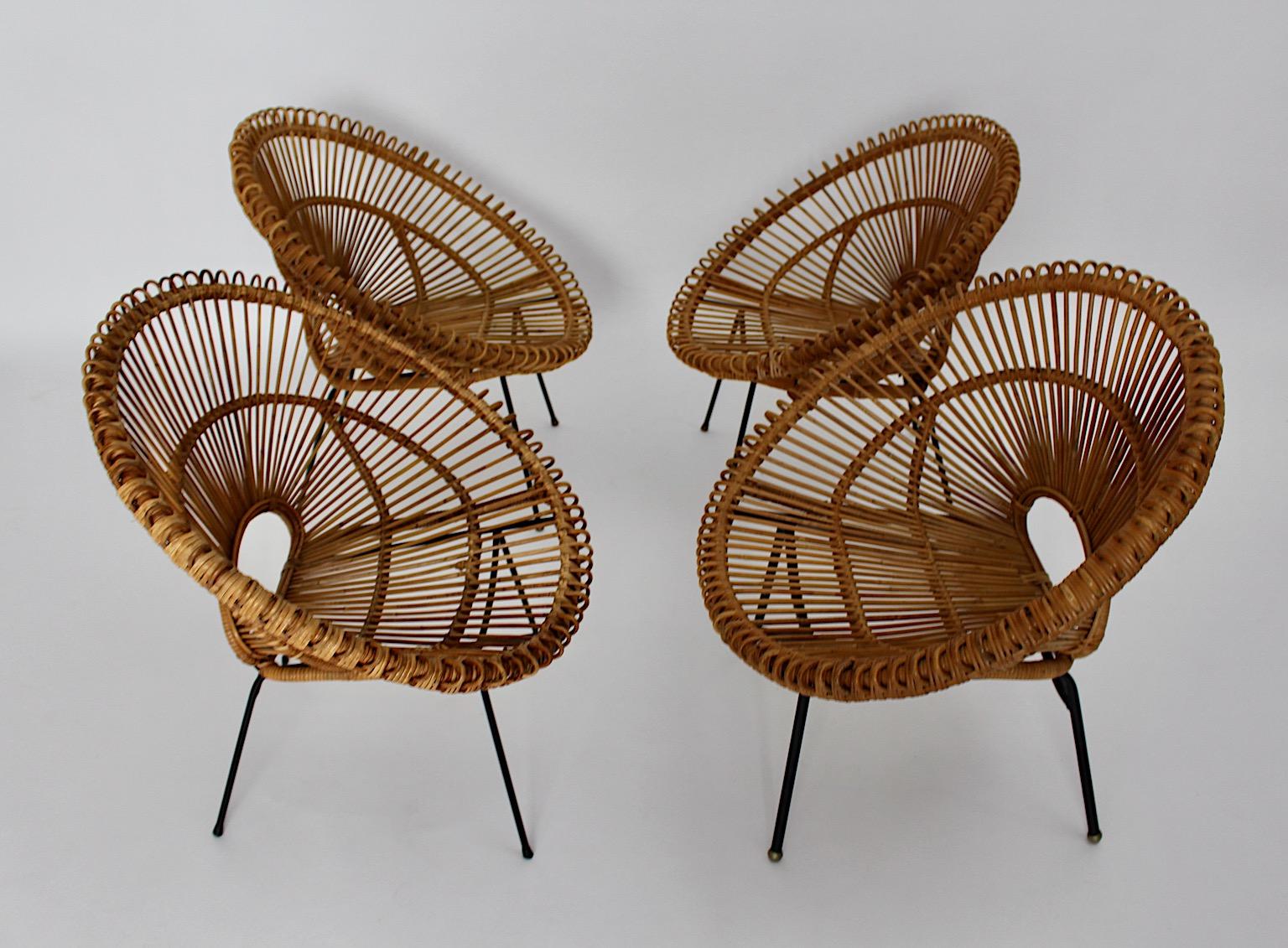 Mid-20th Century Mid-Century Modern Riviera Style Four Rattan Patio Lounge Chairs c 1960 France For Sale